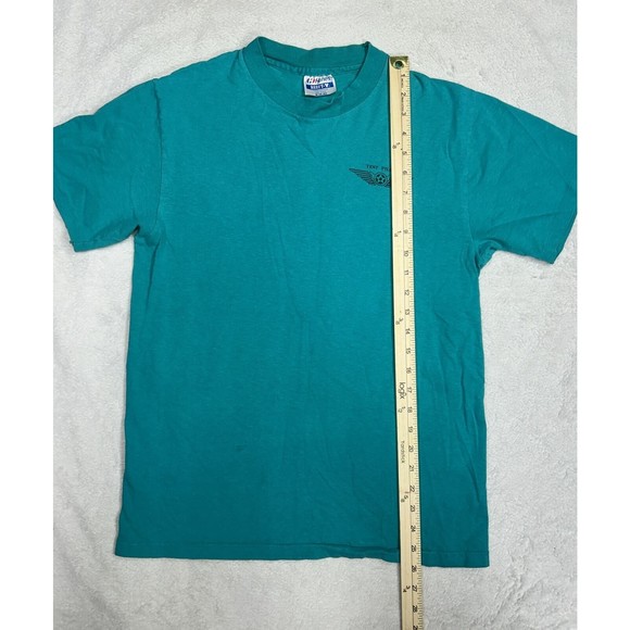 Vtg 90s Air Force Test Pilot Pin Up Girl Teal Single Stitch T-Shirt Size Medium - Picture 7 of 8
